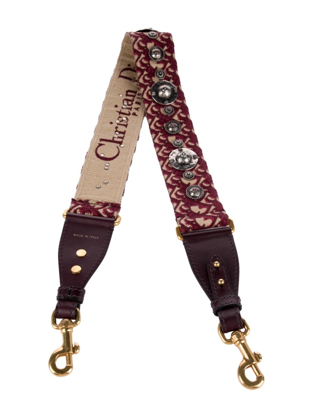 Dior Burgundy and Beige Embroidered Shoulder Strap with Stud Accents